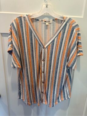 Blue Mood Striped Button Front Top XL Blue Orange V Neck Boho Casual